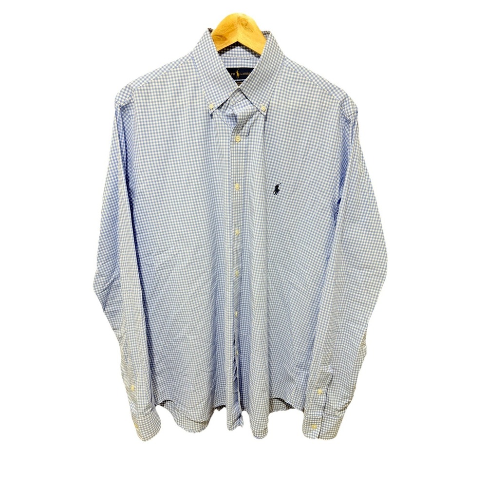 Polo Ralph Lauren Large Blue White Gingham Button Down Shirt Cotton Stretch